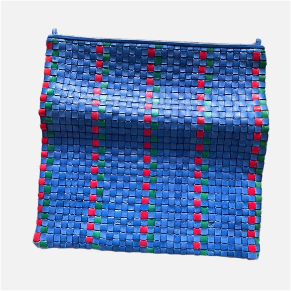 Clare V. Convertible Woven Leather Multicolor Fold Over Clutch Bag Purse Blue - Picture 3 of 7